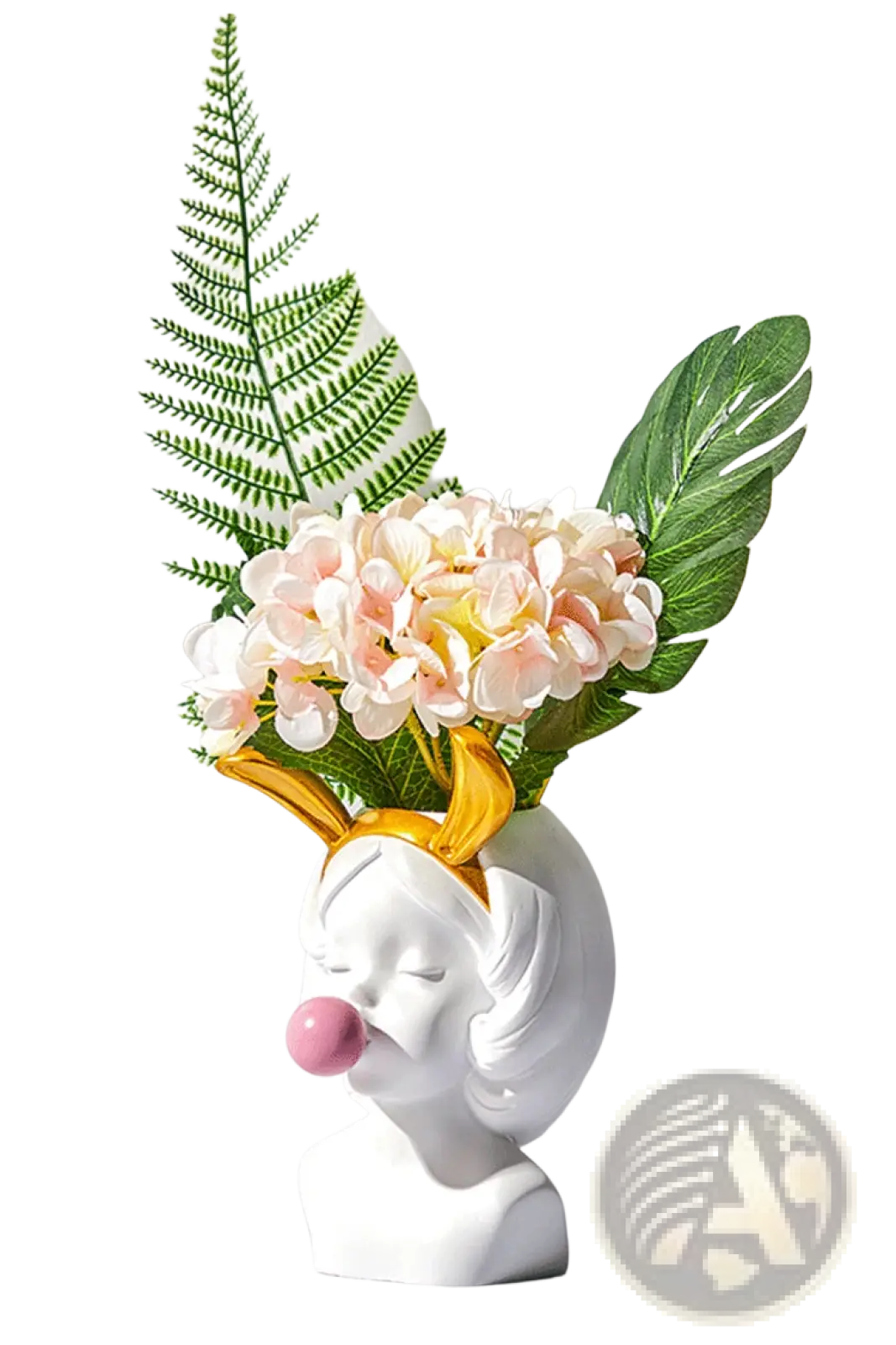Bubblegum girl ceramic vase in white with gold antler horns holding pale pink hydrangeas and green ferns