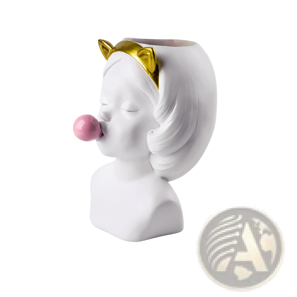 White ceramic vase shaped like a girl bust with gold cat ears blowing a pink bubblegum bubble