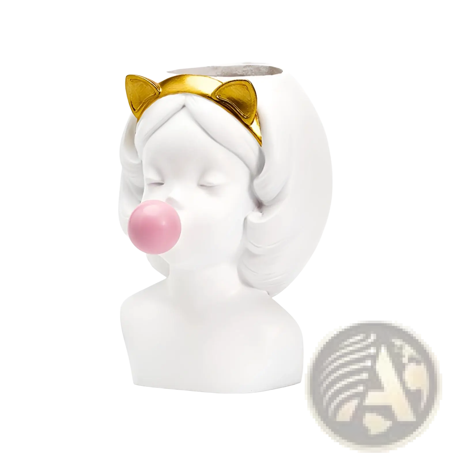 White ceramic planter shaped like a girl bust with gold cat ears and pink bubblegum detail for indoor decor