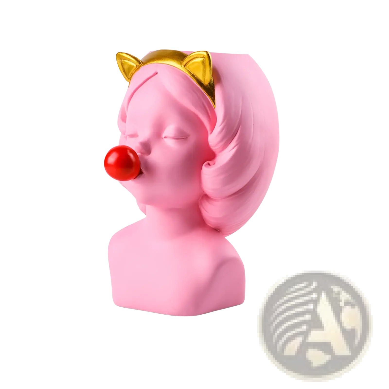 Bubblegum girl ceramic vase in pink with gold cat ears and a red nose featuring a clown bust design