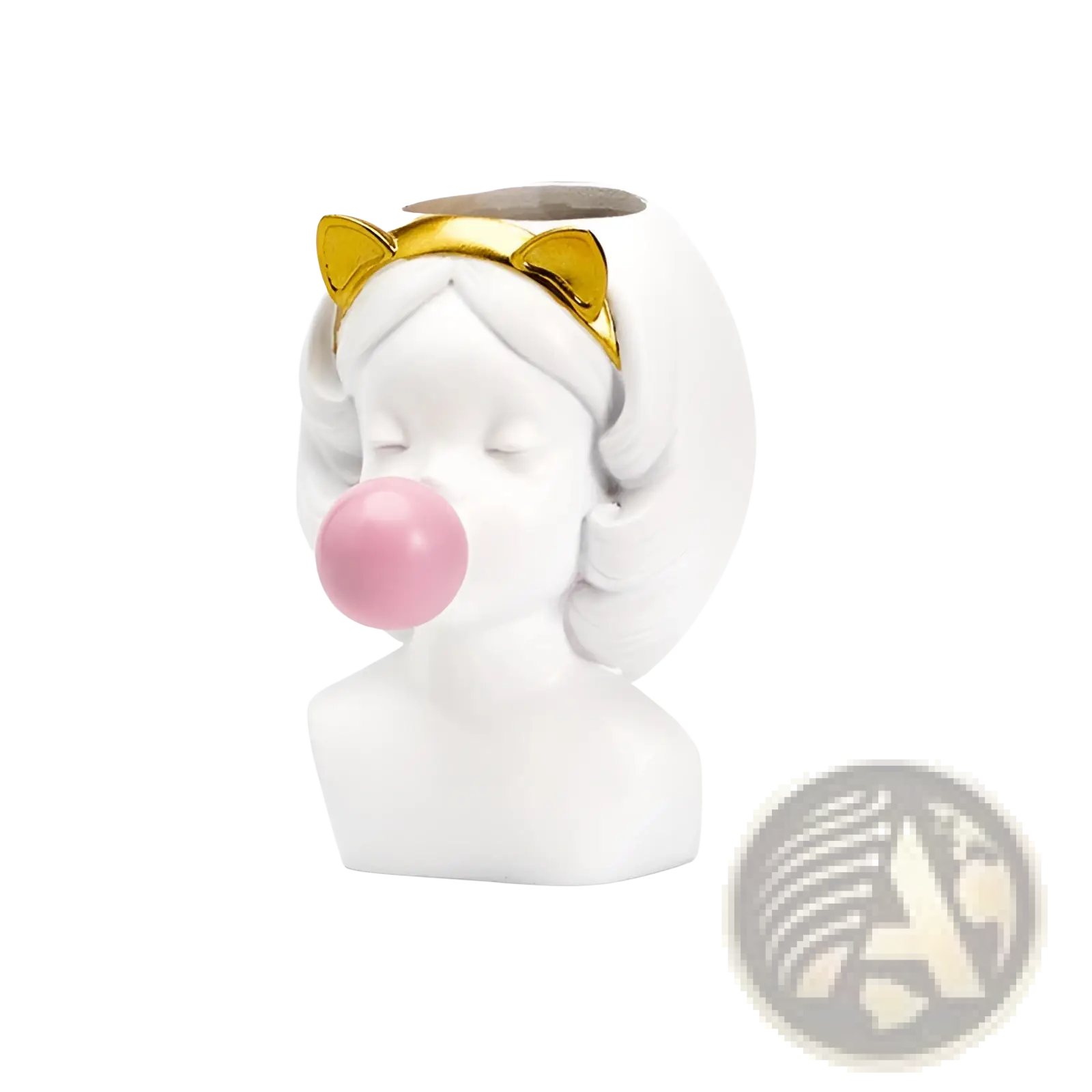 White ceramic planter shaped like a girl blowing a pink bubble with gold cat ears and gold accents