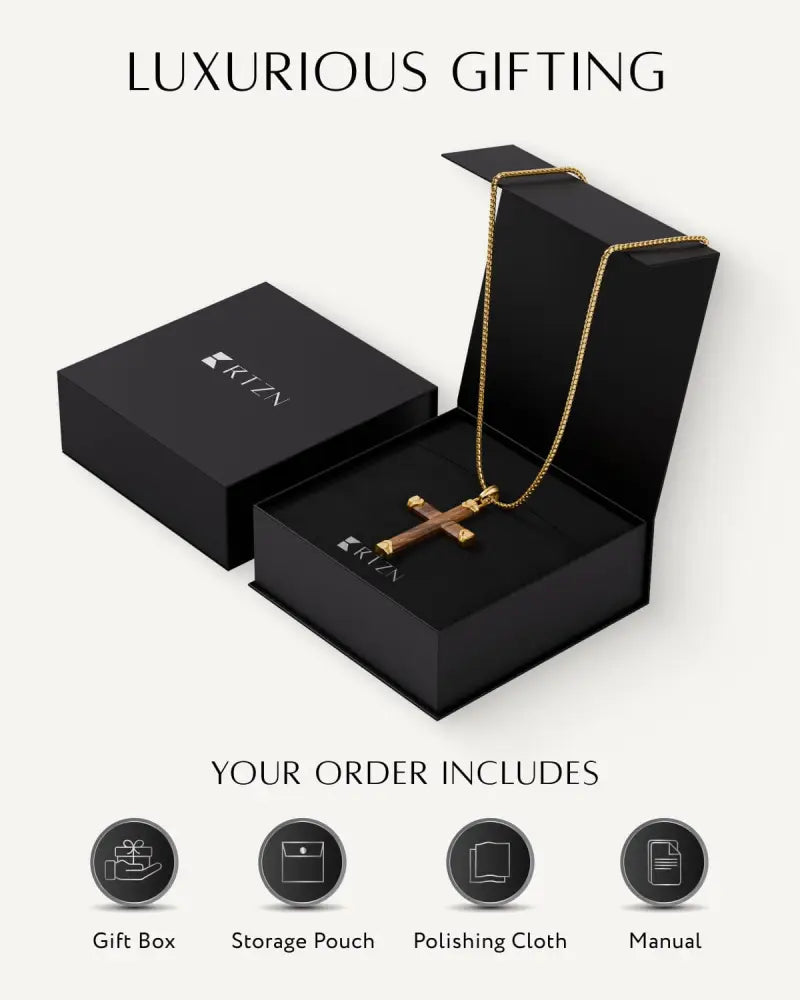 Gold-toned stainless steel cross pendant with bubinga wood on matching chain in an elegant black gift box