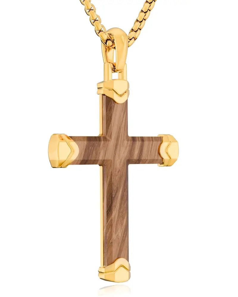 Gold-toned cross pendant necklace with natural bubinga wood center and polished gold stainless steel accents