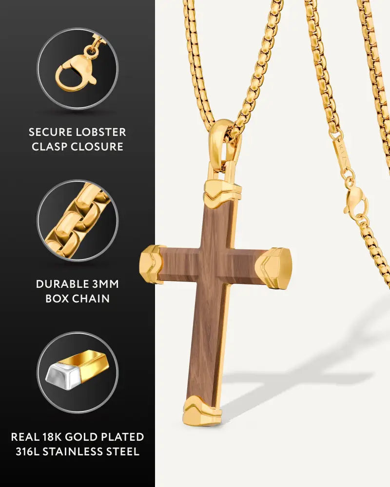 Gold-plated stainless steel cross pendant with bubinga wood-grain center and 3mm box chain necklace