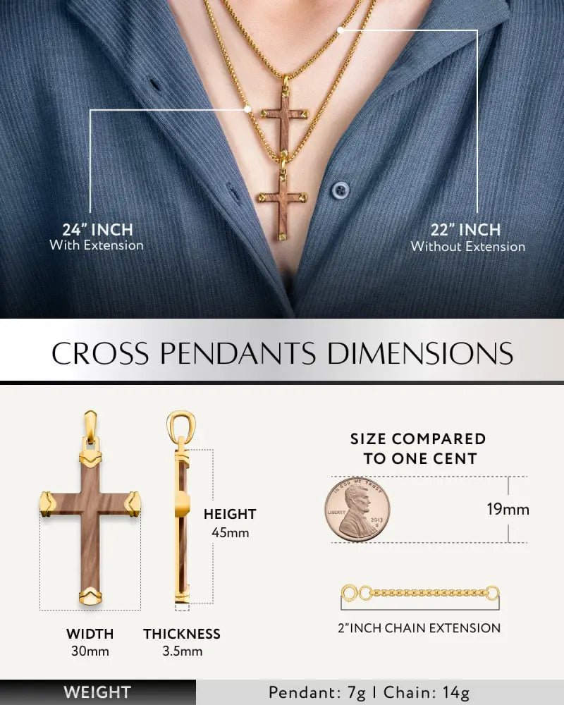 Gold cross pendant with bubinga wood inlay and gold-tone accents stainless steel necklace 45mm by 30mm by 3.5mm