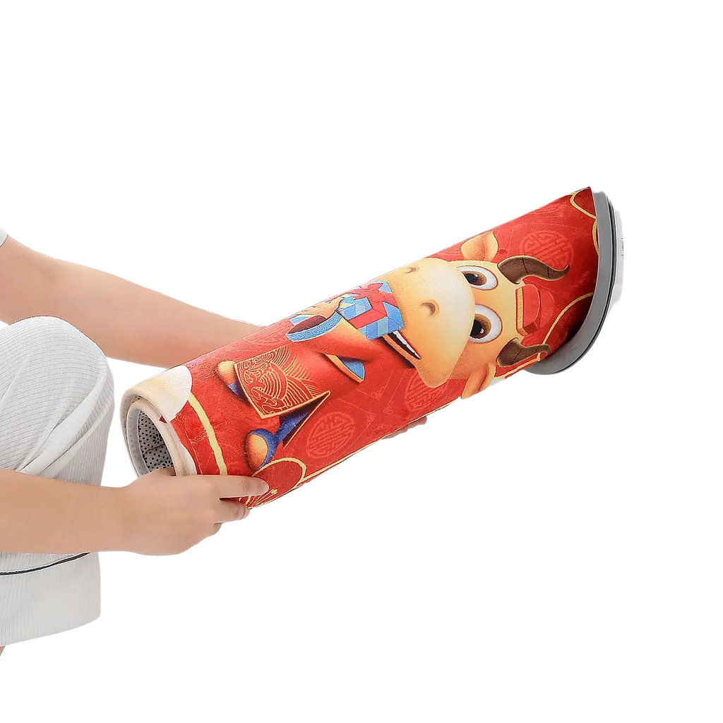 Red cylindrical cushion with cartoon ox and traditional chinese patterns on machine washable fabric for bath use