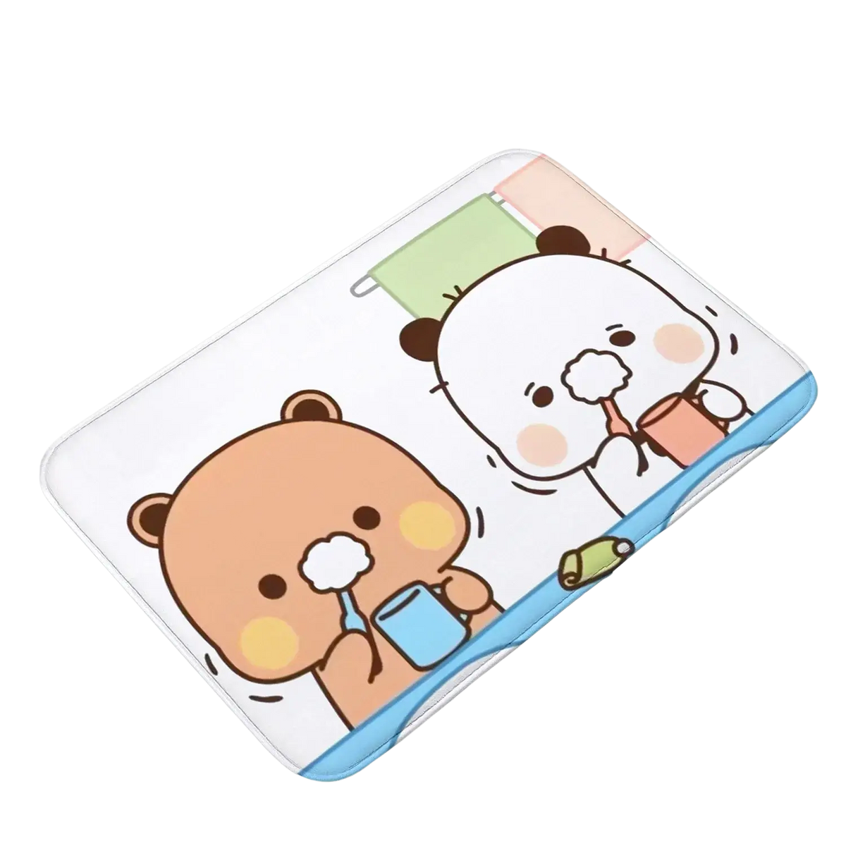 Soft rectangular Bubu Dudu non slip bath mat with two cartoon bears brushing teeth on white background and light blue border