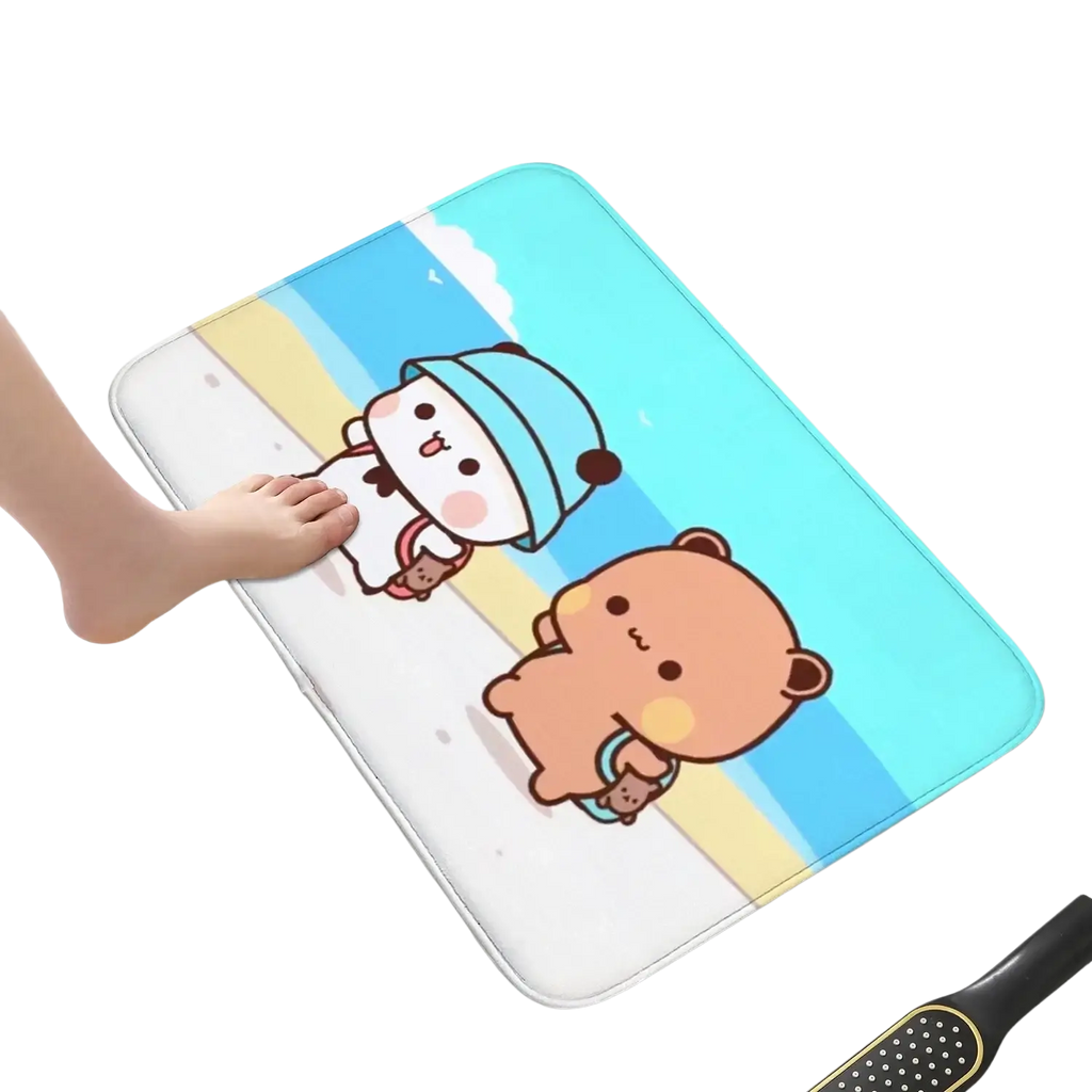 Bubu dudu cute cartoon bath mat non slip rug with two bear characters on blue and white striped background