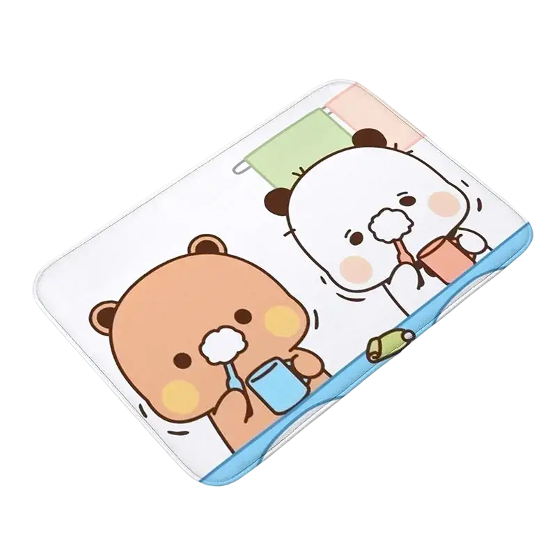 White plush bath mat with non slip backing featuring colorful cartoon bears brushing teeth design by Bubu Dudu
