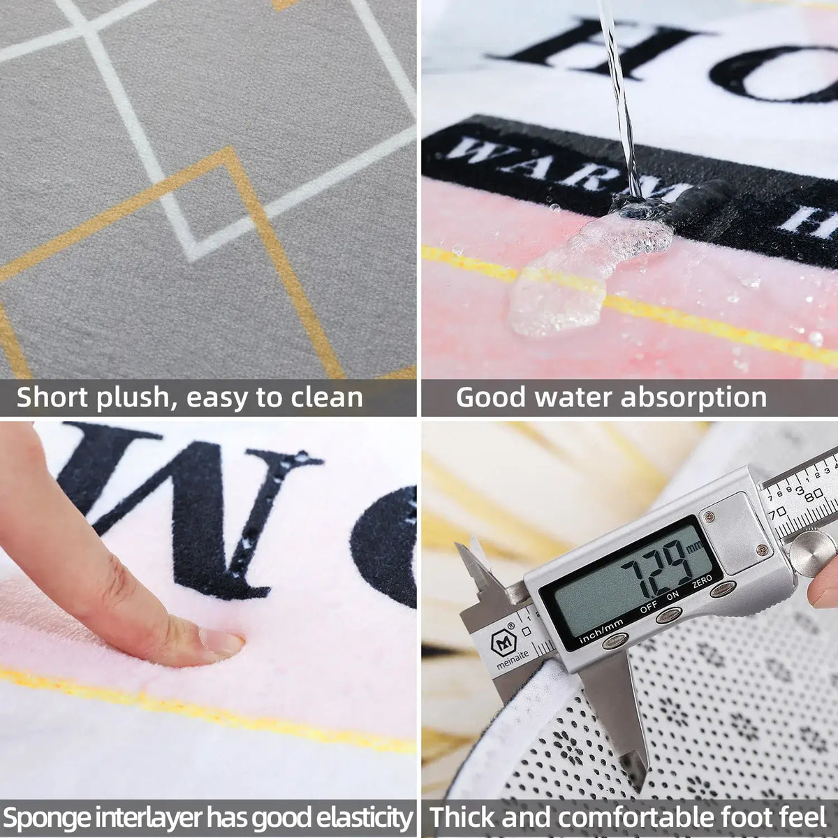 White plush bubu dudu cute cartoon bath mat with gray and yellow geometric patterns and sponge interlayer for elasticity