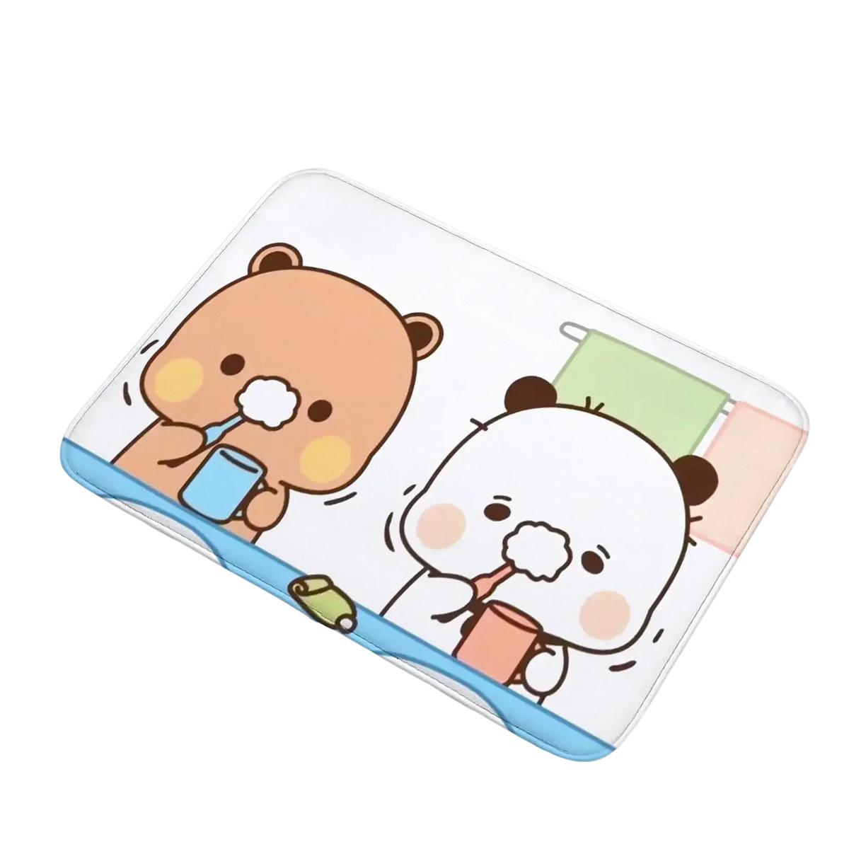 White rectangular non slip bath mat with cartoon brown and white bears brushing teeth and light blue border from Bubu Dudu