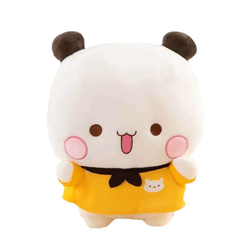 Adorable white plush panda with black ears and pink cheeks wearing a yellow dress in bubu dudu panda plush toy large cushion