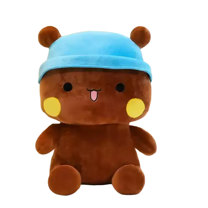 A plush brown bear with yellow cheeks wearing a blue velvet hat from the Bubu Dudu Panda plush toy large couple cushion