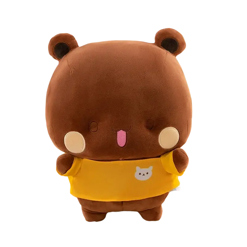 Cute brown plush bear wearing a yellow shirt with a white cat face design from bubu dudu panda plush toy large couple cushion