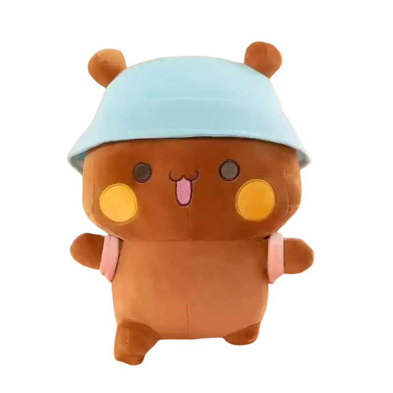 Cute brown bubu dudu panda plush toy with light blue bucket hat and pink backpack straps large couple cushion