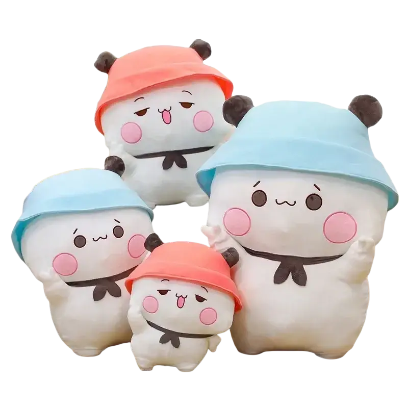 Cute white plush bubu dudu panda dolls with pink cheeks brown ears coral and light blue hats and black bow ties large couple cushion