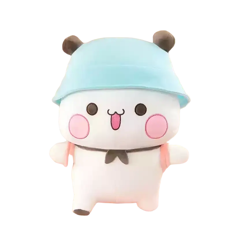 A cute white plush panda large couple cushion wearing a light blue hat pink scarf and black bow tie