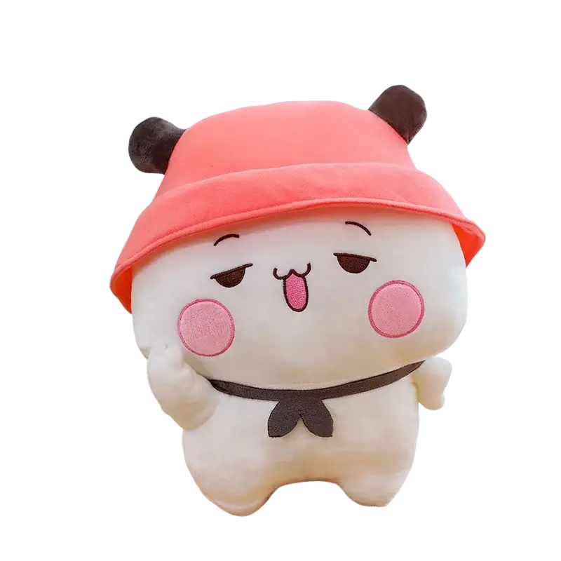 Cute white plush bubu dudu panda toy large couple cushion with coral pink hat black ribbon rosy cheeks and tongue out