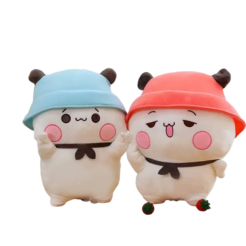 Two large Bubu Dudu panda plush toys with white bodies pink cheeks black bow ties and colorful hats in blue and coral red