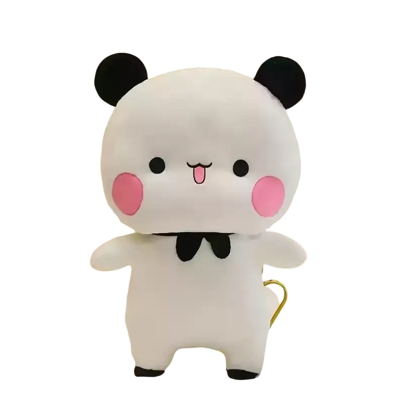 White plush panda stuffed toy with black ears pink cheeks and bow tie large couple cushion for decor and comfort