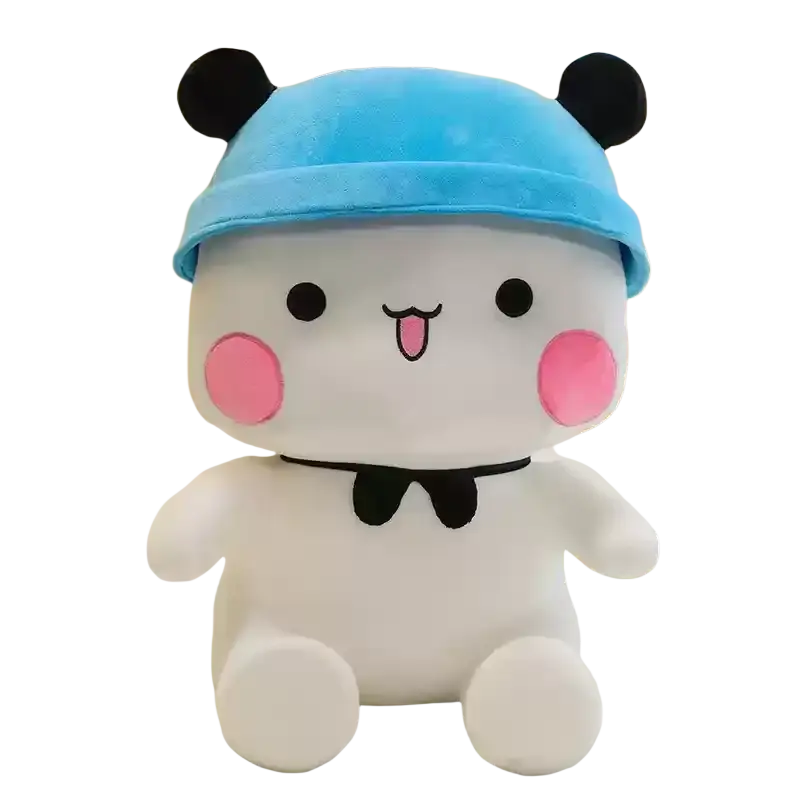 White plush panda toy bubu dudu large couple cushion wearing a blue hat and black bow tie
