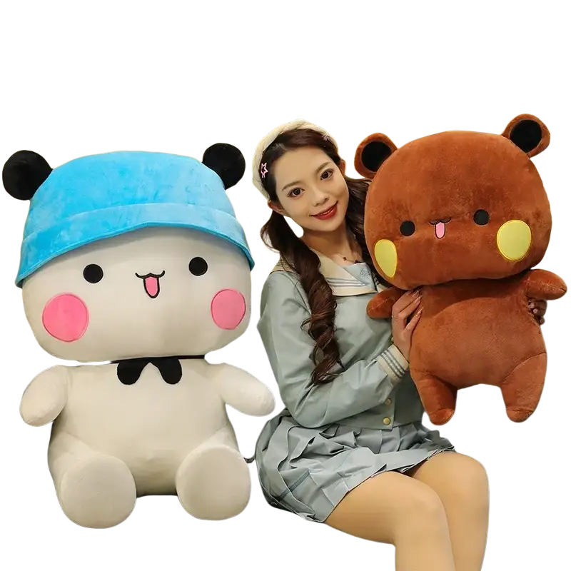 White plush panda with blue hat and pink cheeks sitting beside brown plush bear in Bubu Dudu panda plush toy large couple cushion