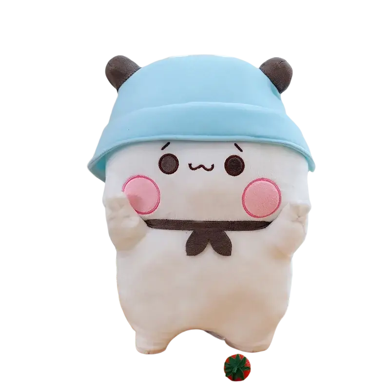 White plush bubu dudu panda toy wearing a light blue hat and brown bow tie with pink cheeks large couple cushion