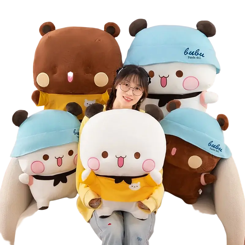 White and brown plush panda dolls wearing blue hats yellow outfits and black bows in bubu dudu panda plush toy large couple cushion