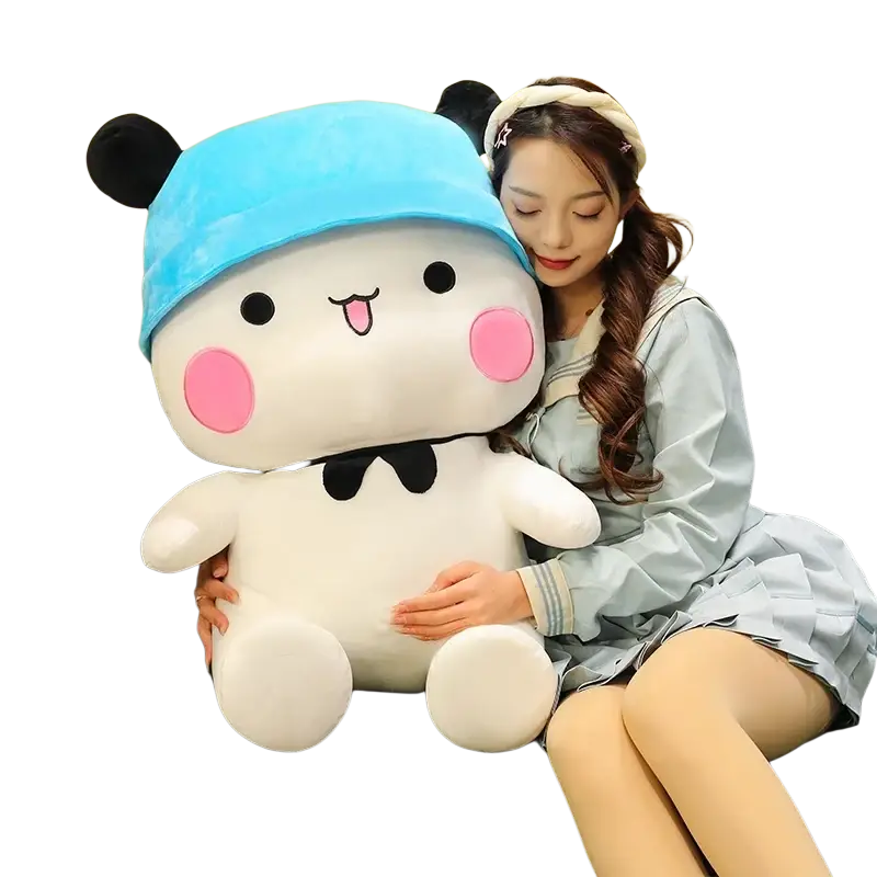 Bubu Dudu panda plush toy large couple cushion featuring a white soft panda with pink cheeks blue hat and black bow tie