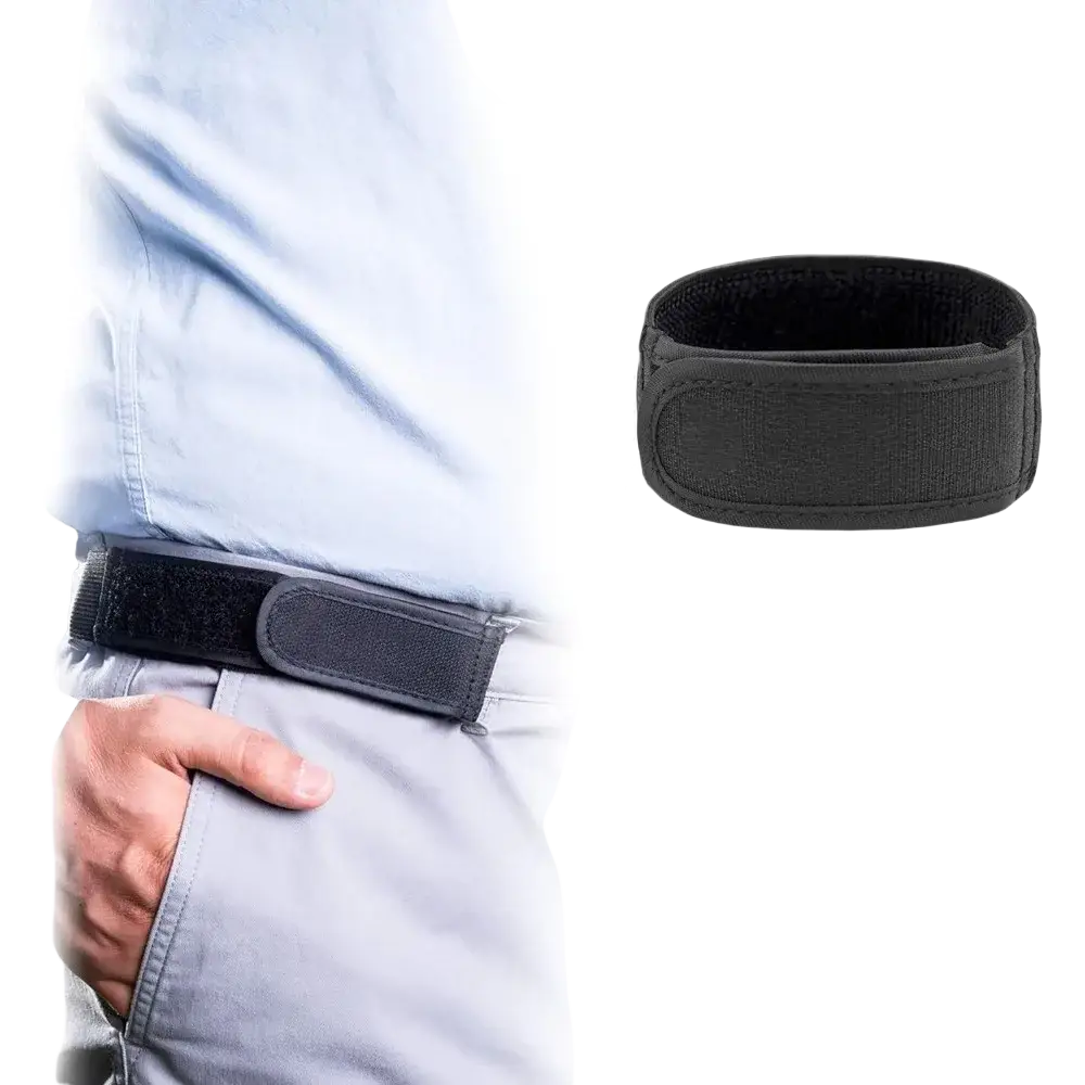 Black no buckle elastic belt for men and women with velcro closure and soft inner lining shown from the back side