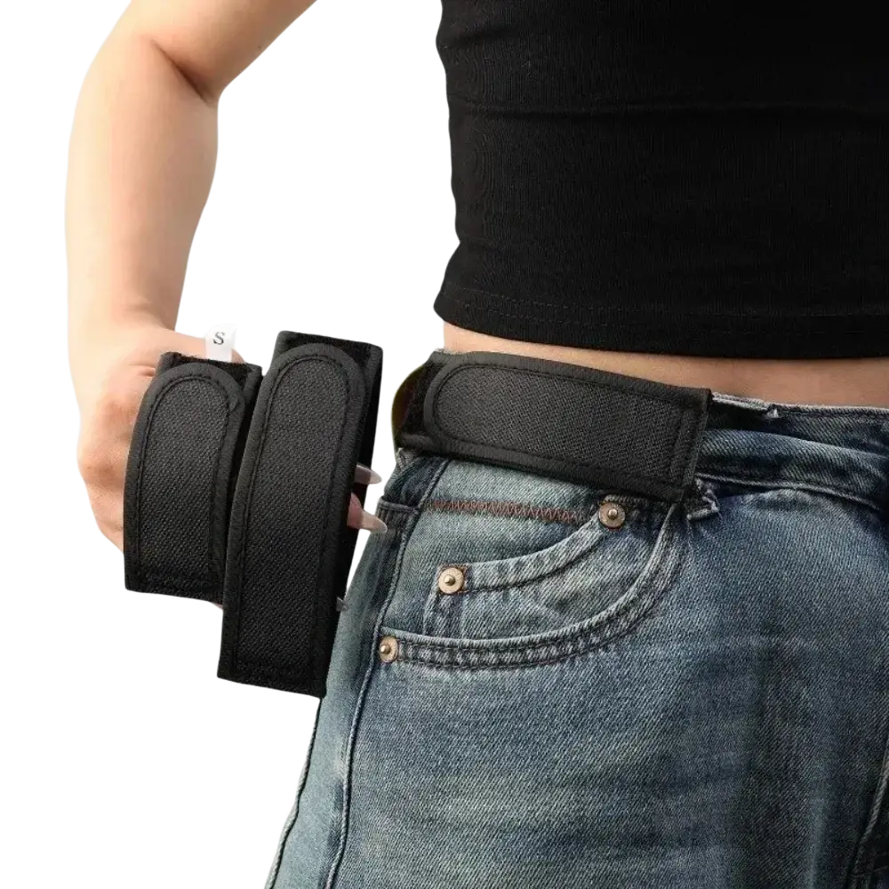 Black no buckle elastic belt for men and women with adjustable fit and two attached pouches for essentials carrying