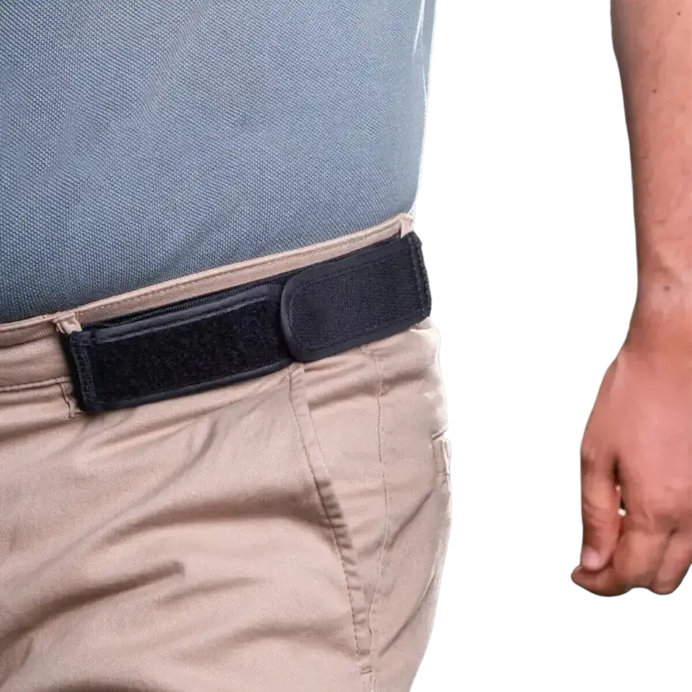 Black adjustable no buckle elastic belt for men and women with velcro closure and zipper detail