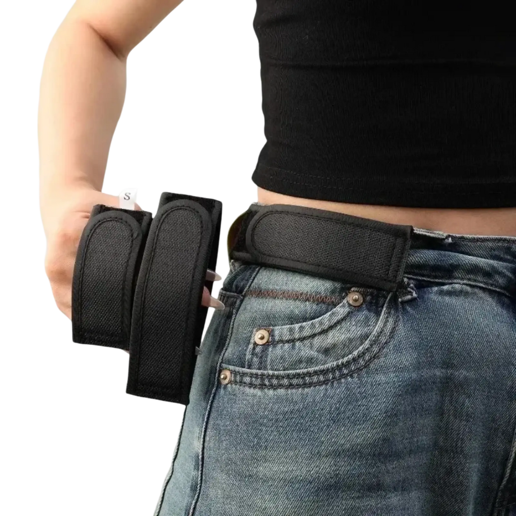 Black no buckle elastic belt for men and women with adjustable fit and two attached pouches for essentials