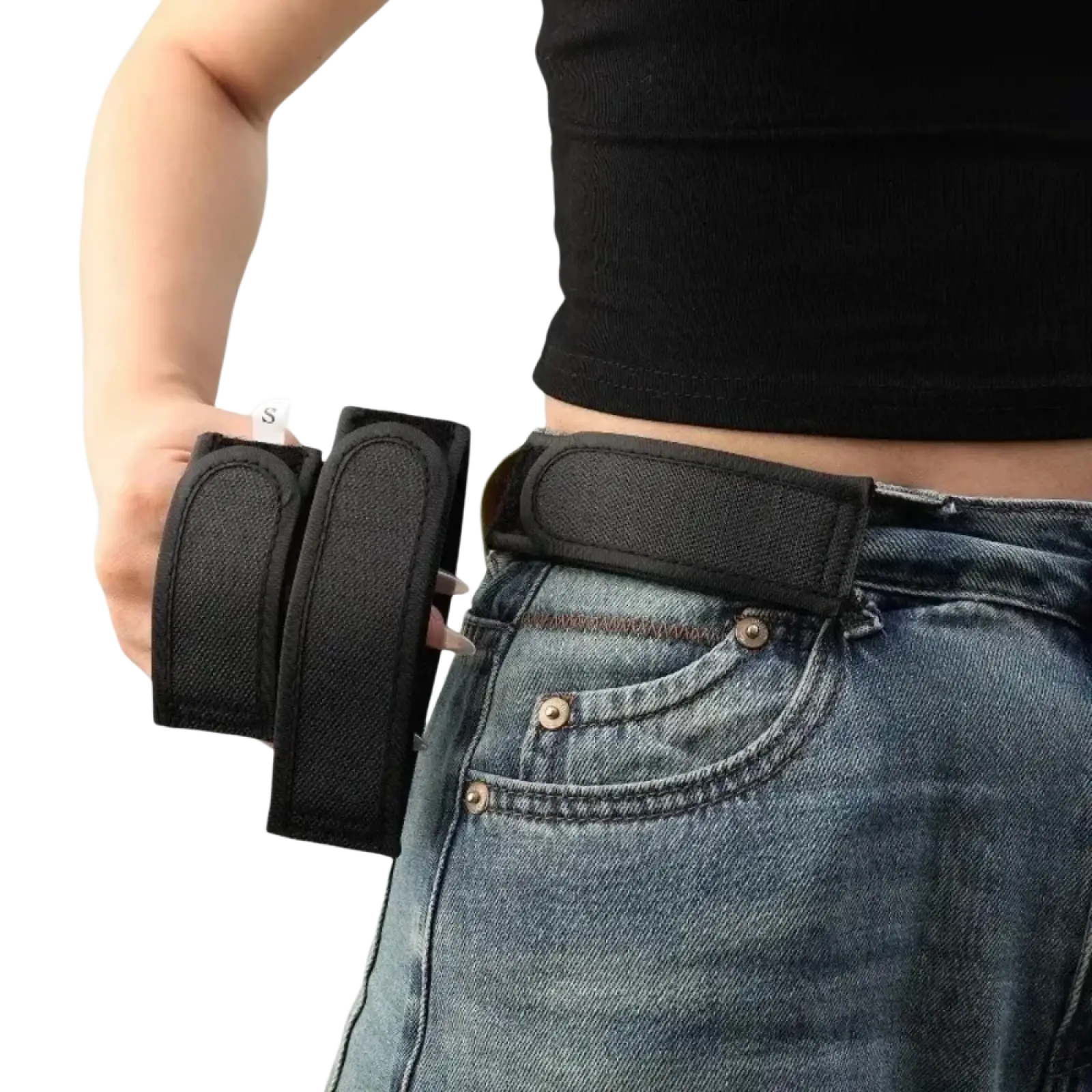 Black no buckle elastic belt for men and women with adjustable fit and two attached pouches for essentials
