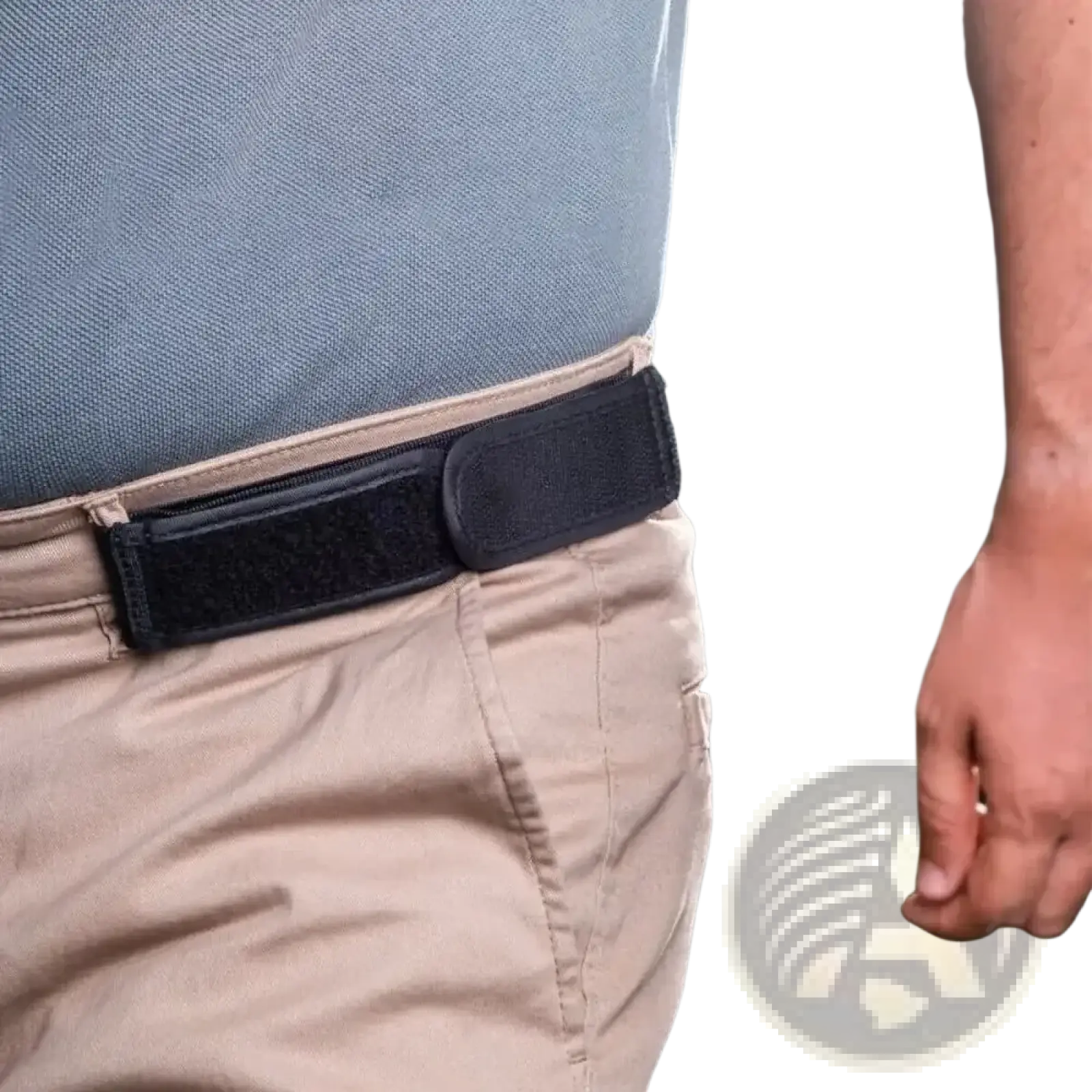 Black adjustable no buckle elastic belt for men and women with velcro closure and zipper detail