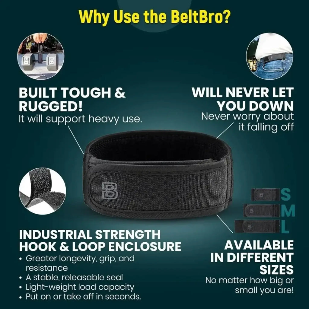 Black beltbro no buckle elastic belt for men and women with textured industrial-strength hook and loop closure