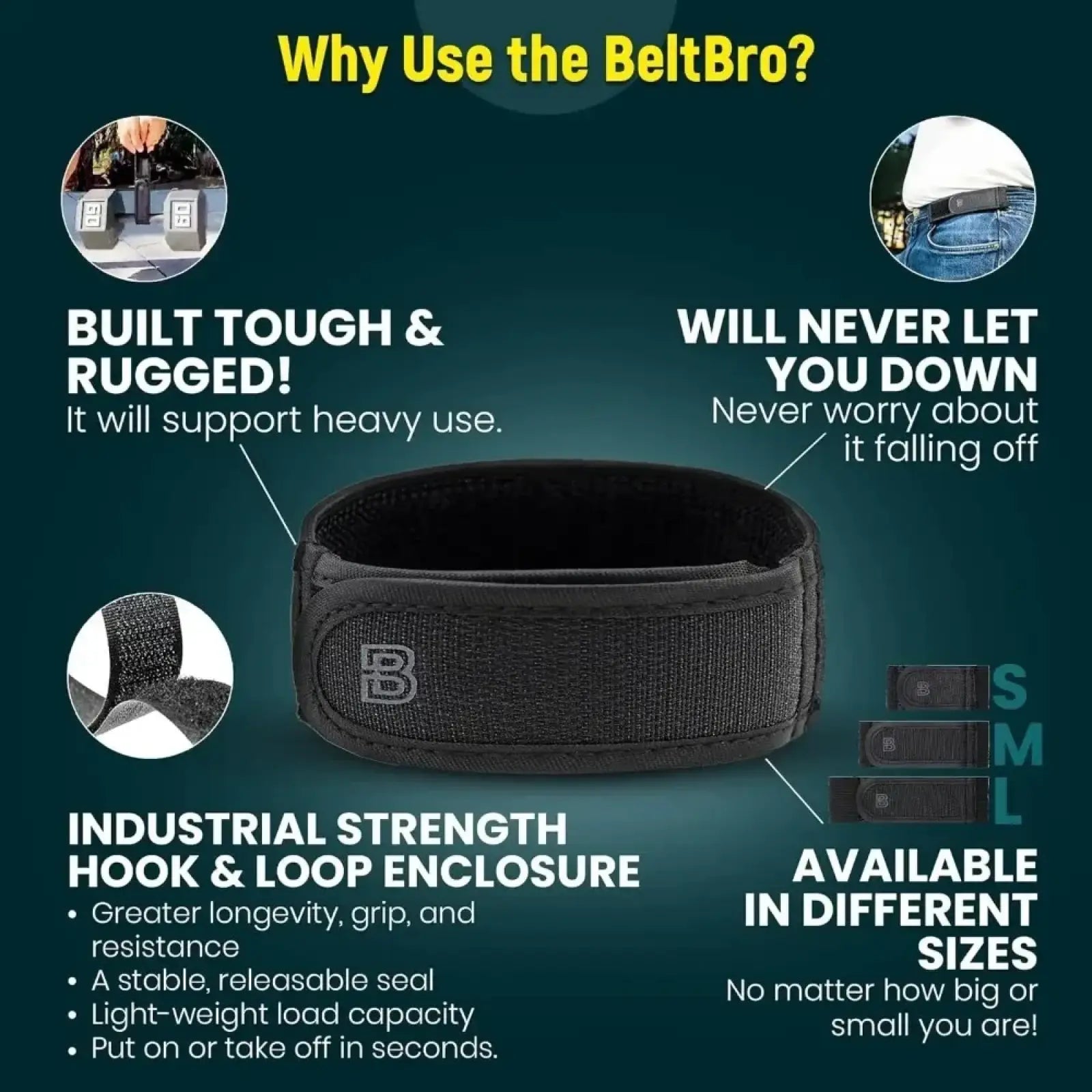 Black beltbro no buckle elastic belt for men and women with textured industrial-strength hook and loop closure