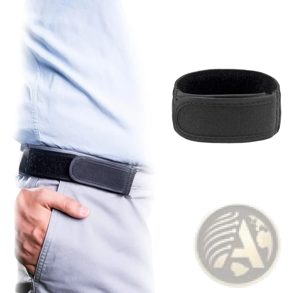 Black no buckle elastic belt for men and women with velcro closure and soft inner lining shown from the back side