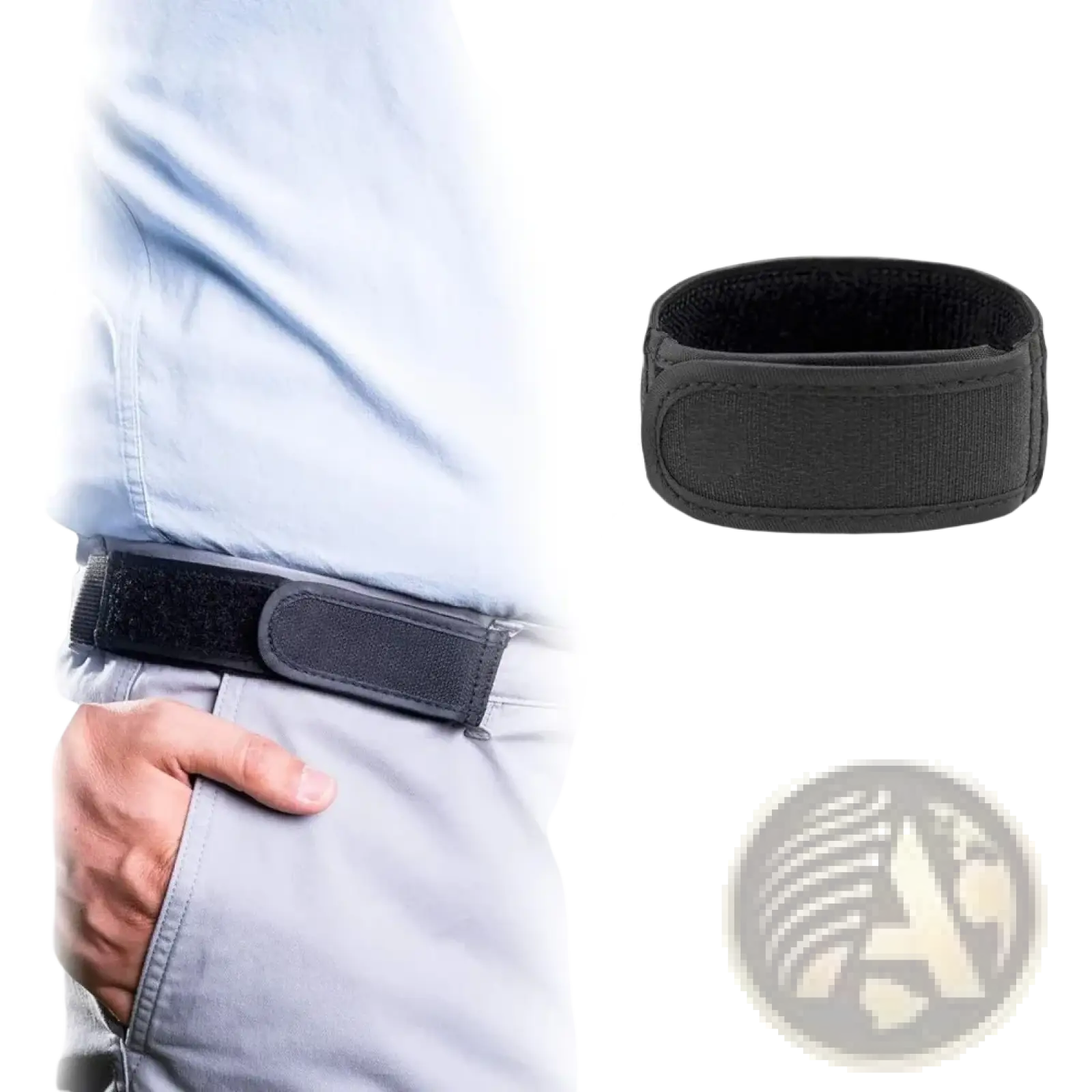 Black no buckle elastic belt for men and women with velcro closure and soft inner lining shown from the back side