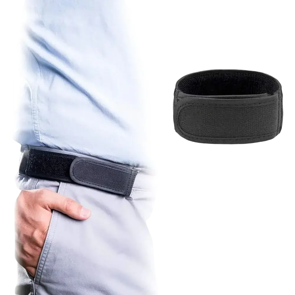 Black no buckle elastic belt for men and women with velcro loop and soft inner lining shown from the back side