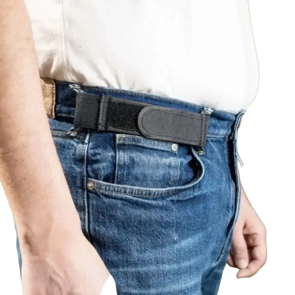 Black no buckle elastic belt for men and women with velcro loop matte finish and reinforced edges