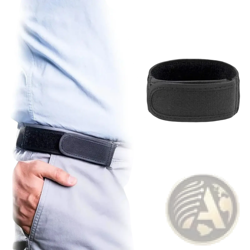 Black no buckle elastic belt for men and women with velcro loop and soft inner lining shown from the back side