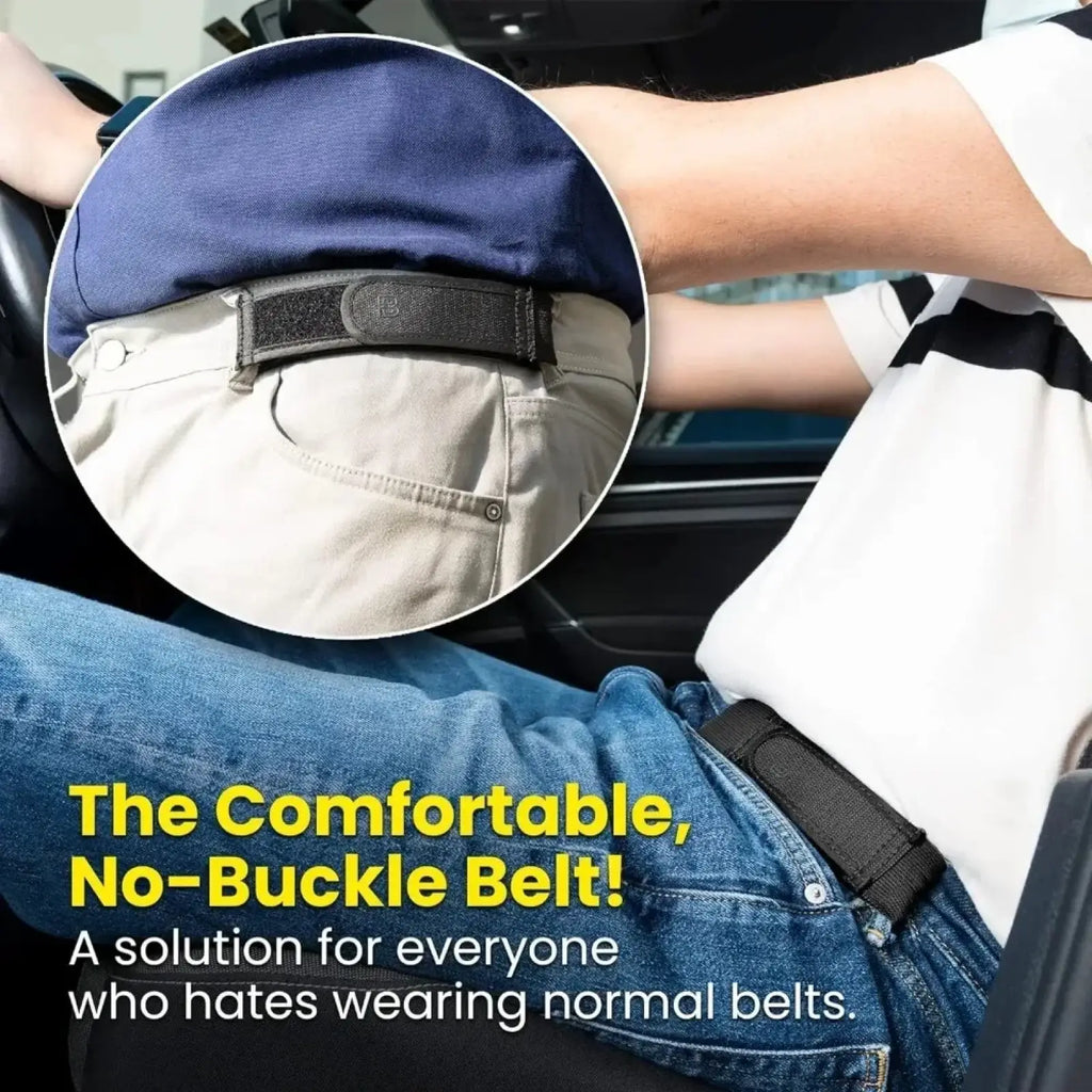 No buckle elastic belt for men and women in black with velcro fastening and smooth padded design for comfortable wear