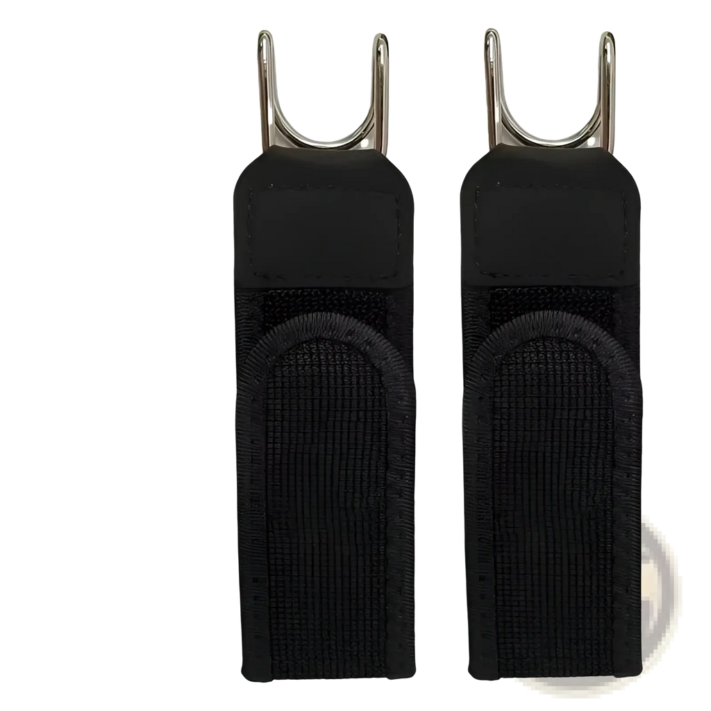 Black no buckle elastic waist belt unisex with fabric strap and metal hook attachment shown from the back side