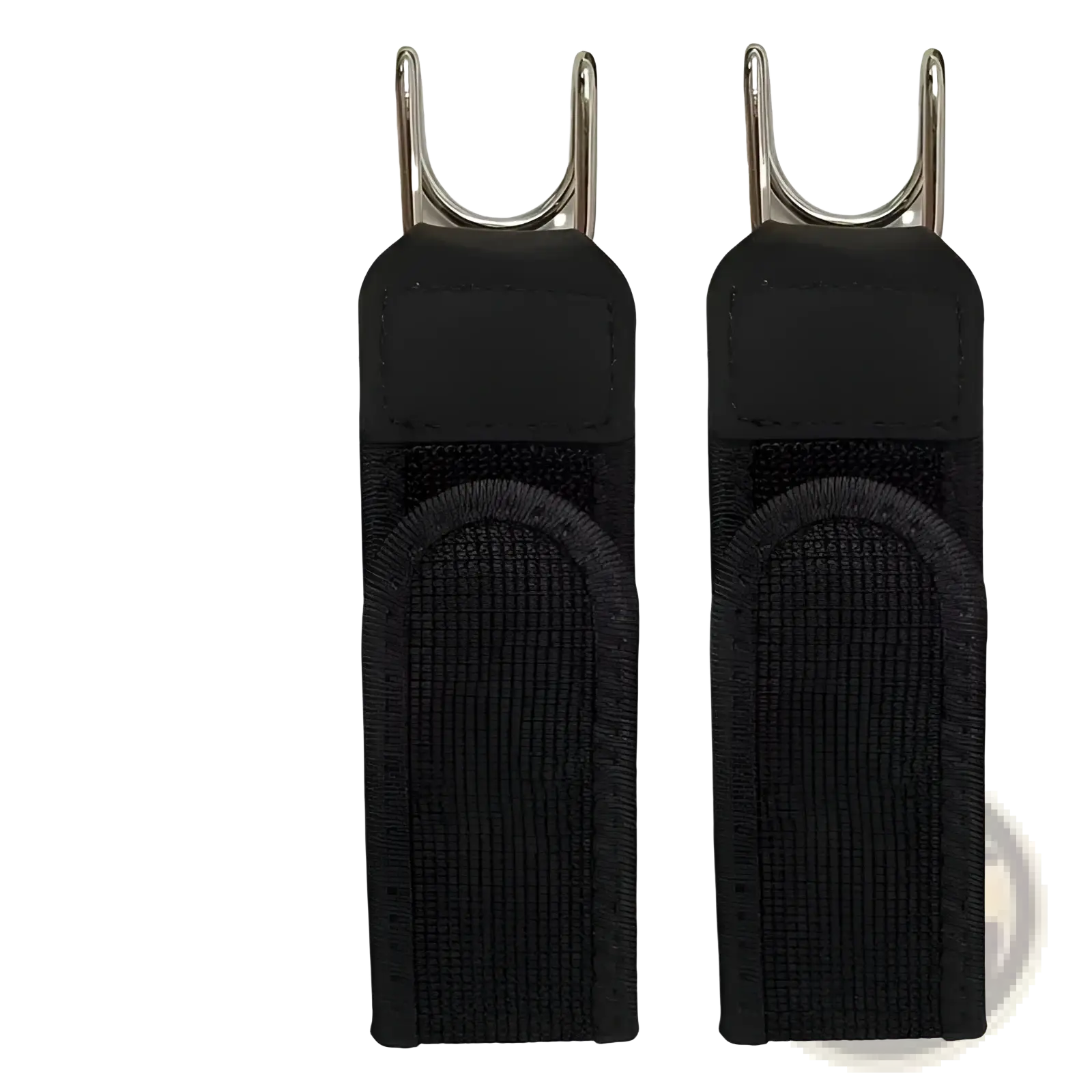 Black no buckle elastic waist belt unisex with fabric strap and metal hook attachment shown from the back side