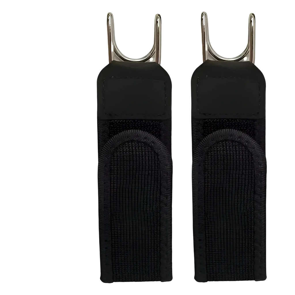 Black no buckle elastic waist belt unisex with fabric strap and metal hook attachment shown from the back side
