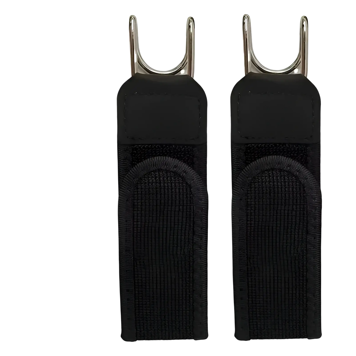 Black no buckle elastic waist belt unisex with fabric strap and metal hook attachment shown from the back side
