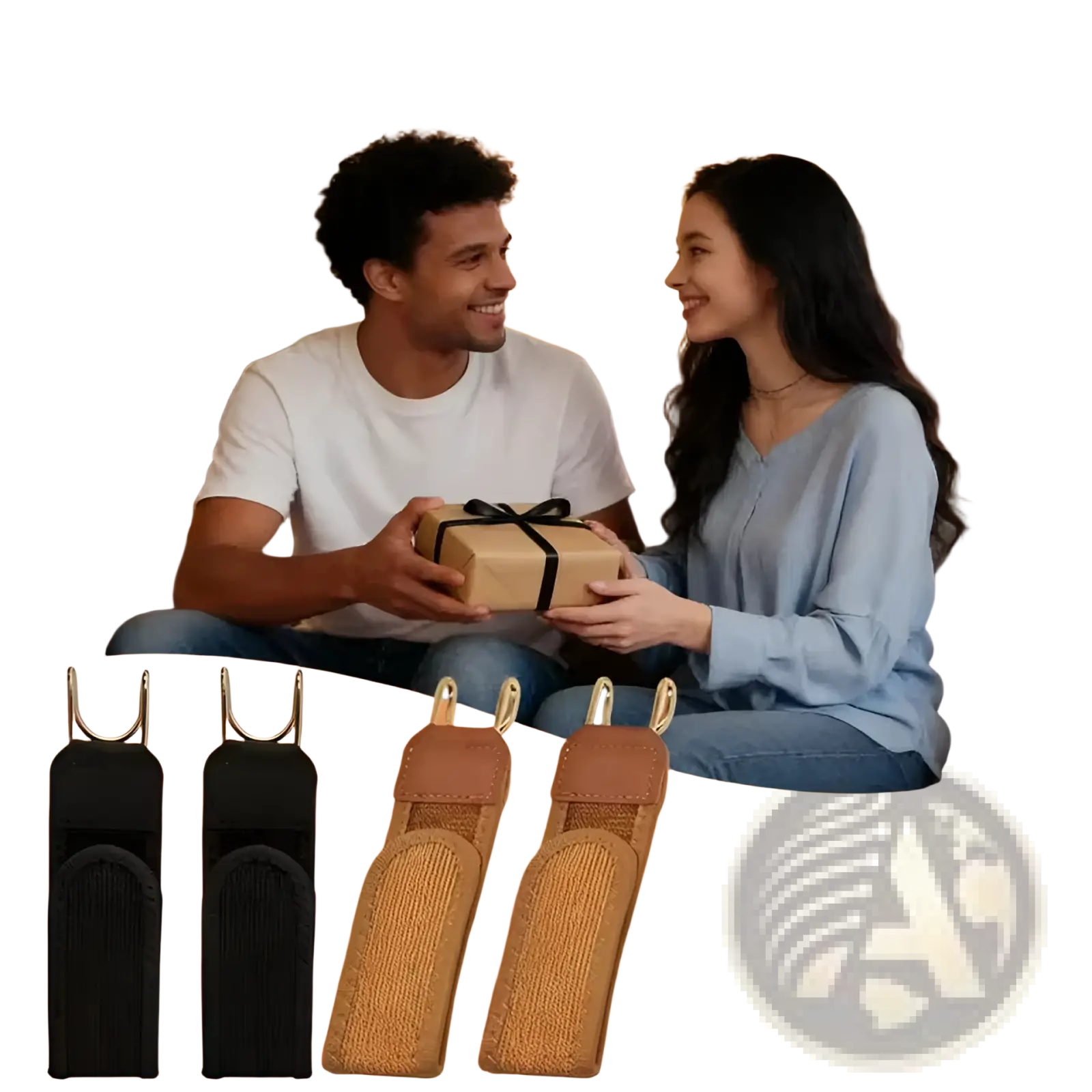 Black and tan woven strap keychains with metal hooks complementing no buckle elastic waist belt unisex design