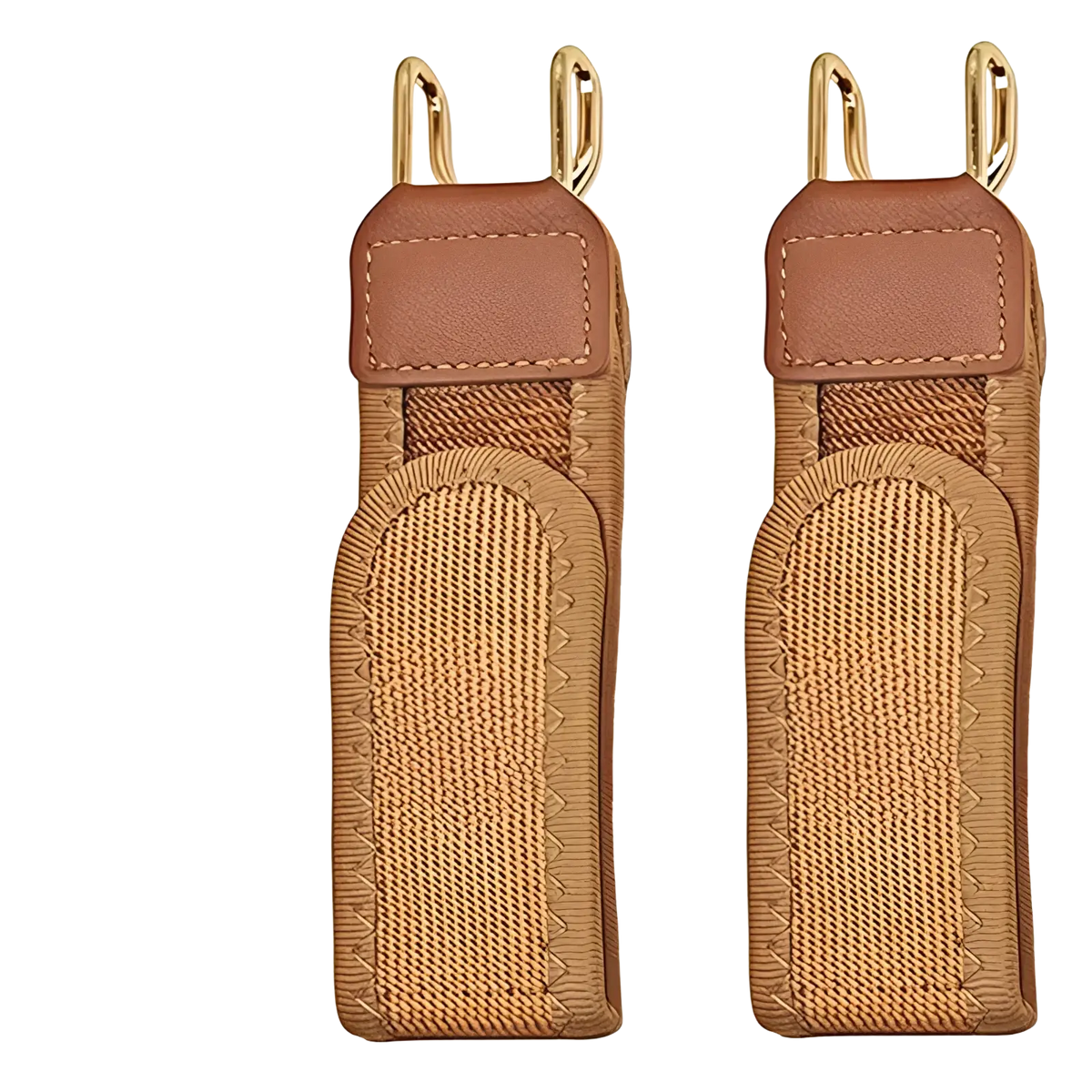 Unisex no buckle elastic waist belt with brown leather and fabric strap and gold tone metal hooks