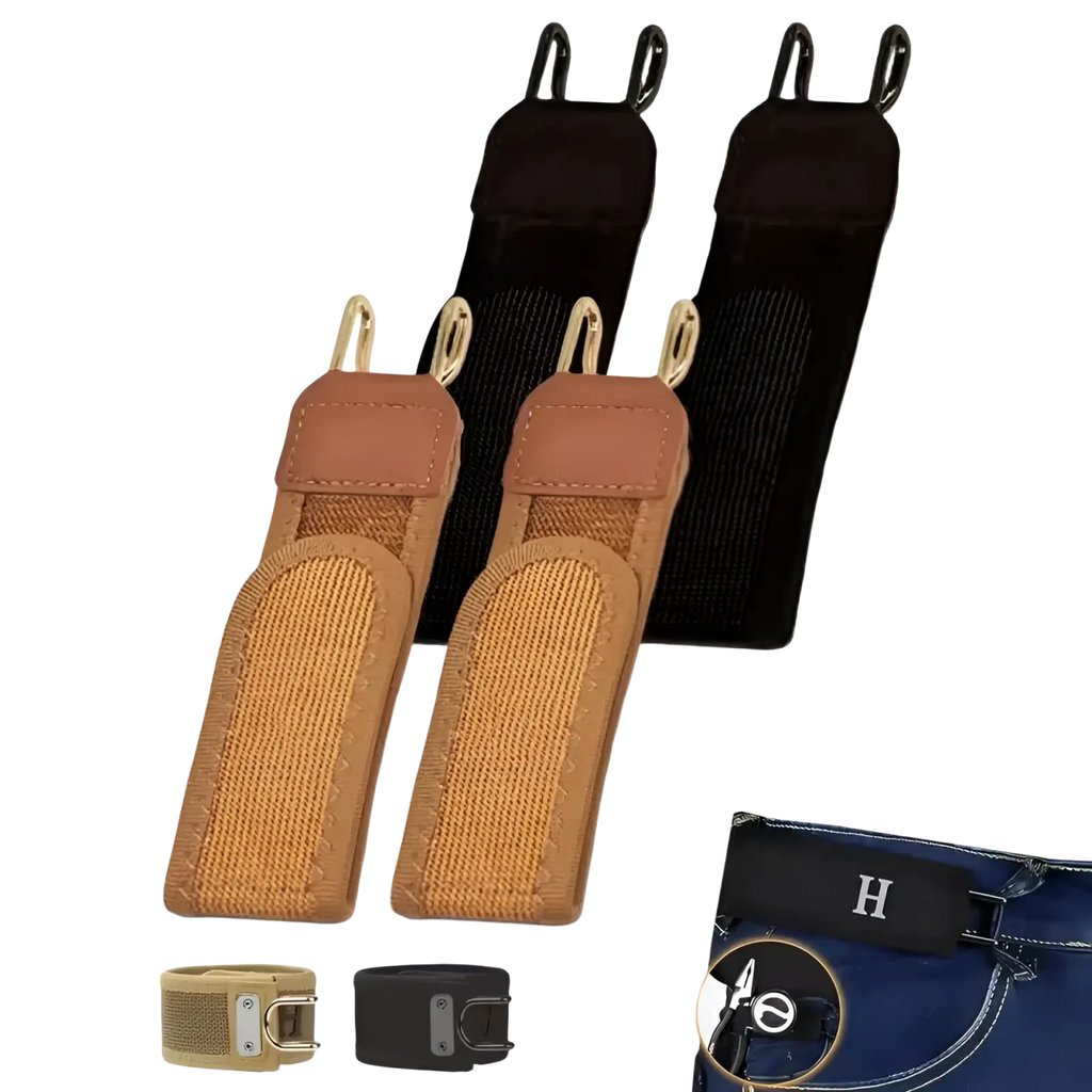 Tan and black no buckle elastic waist belt unisex with fabric belt loops and metal hooks for attaching to pants